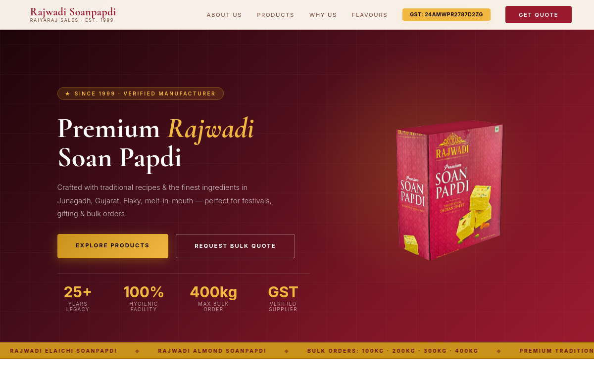 Rajwadi Soan Papdi website screenshot